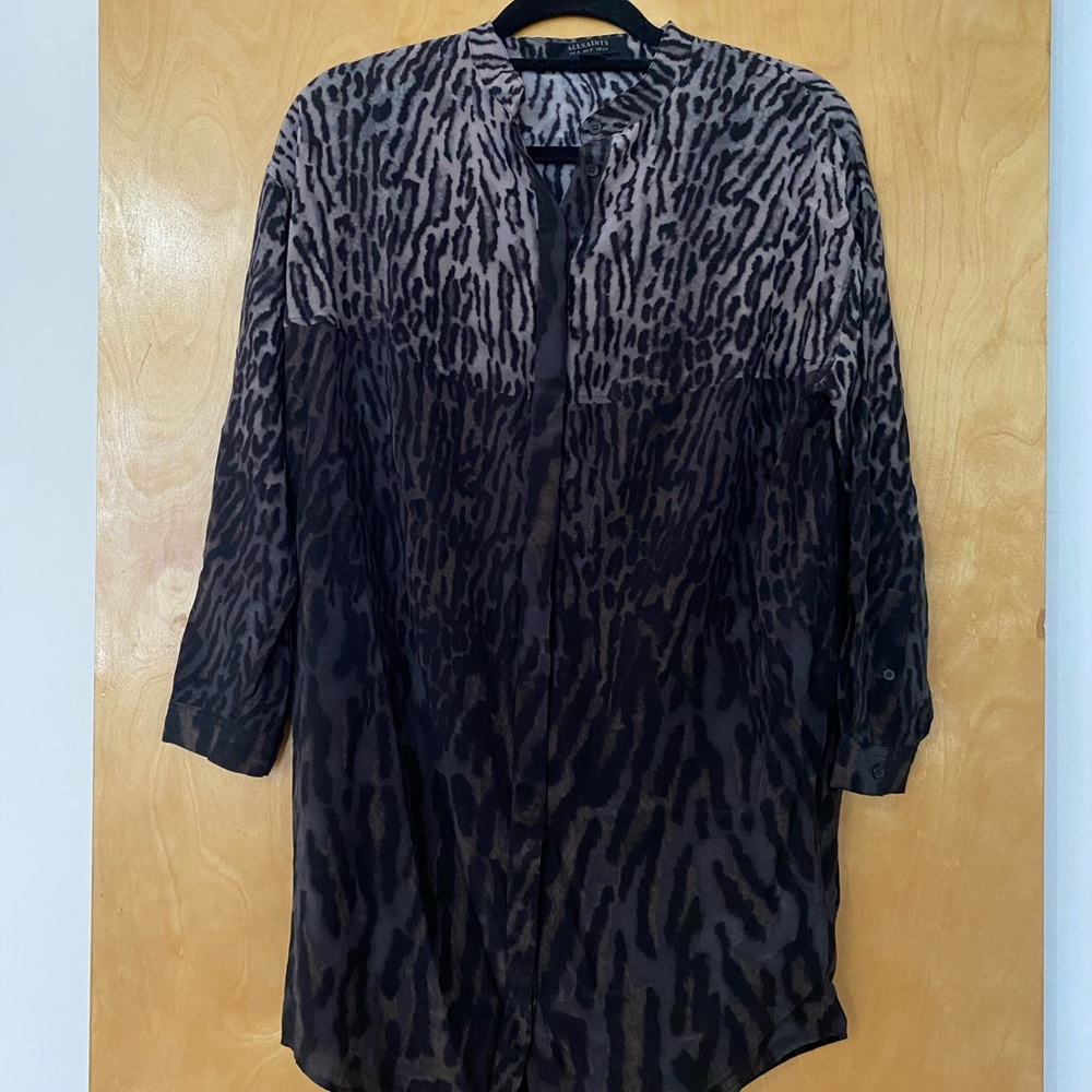 All Saints 100% Silk Leopard Print Shirt Dress